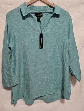 Tahari Women's Teal Linen V-Neck Tunic Top Size L